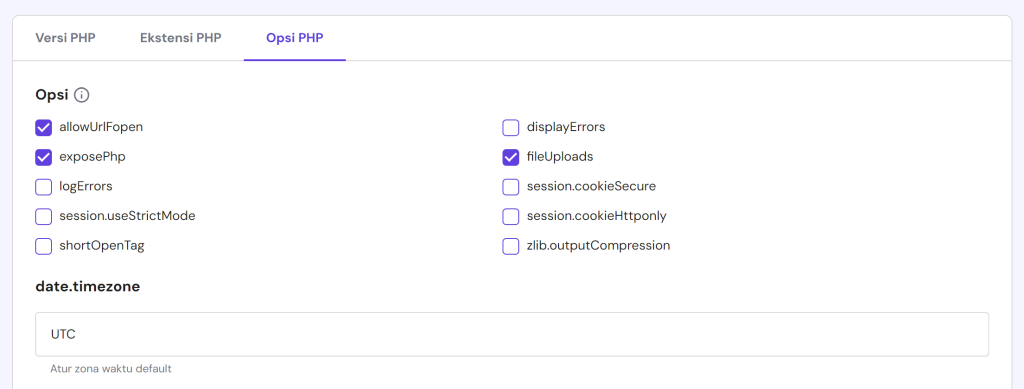 tab opsi php pada menu konfigurasi php di hpanel