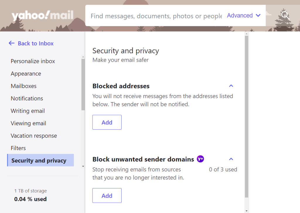 menu privasi dan keamanan di yahoo untuk memblokir email