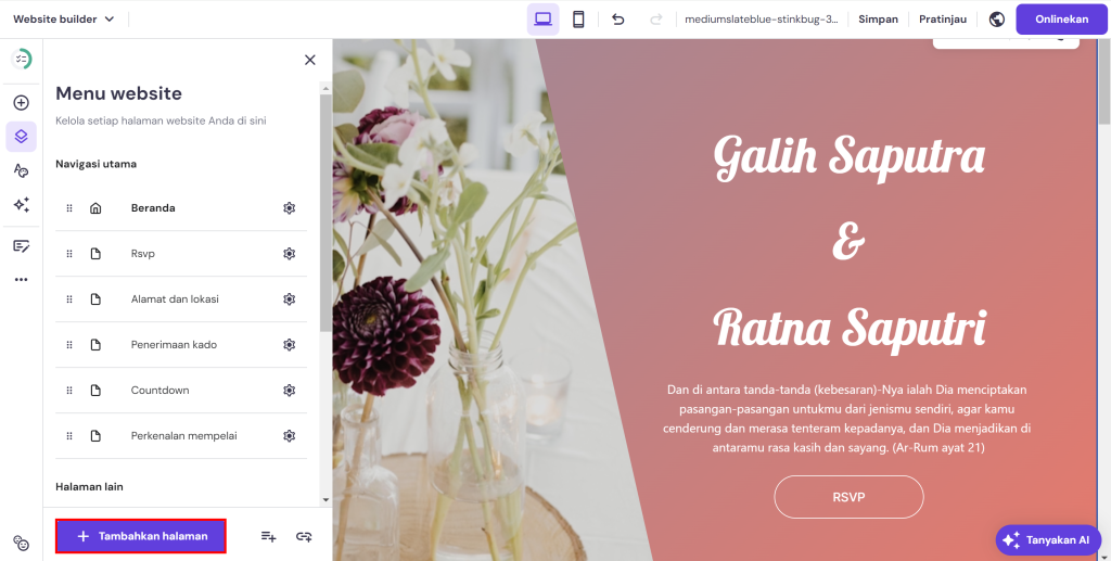 menu tambahkan halaman di website builder