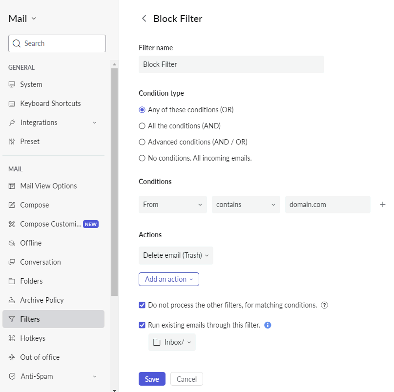 menyesuaikan aturan filter di zoho mail