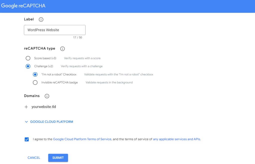 panel admin recaptcha google