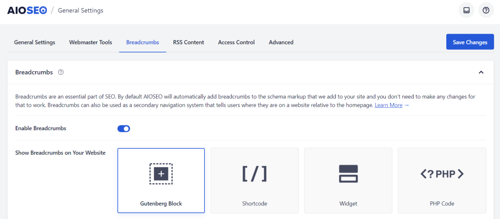 pengaturan Breadcrumbs dashboard AIOSEO