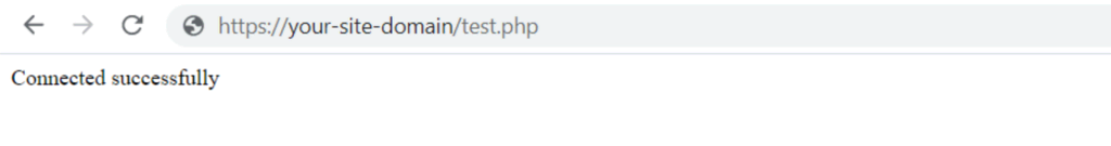skrip test php yang menunjukkan bahwa koneksi database berhasil