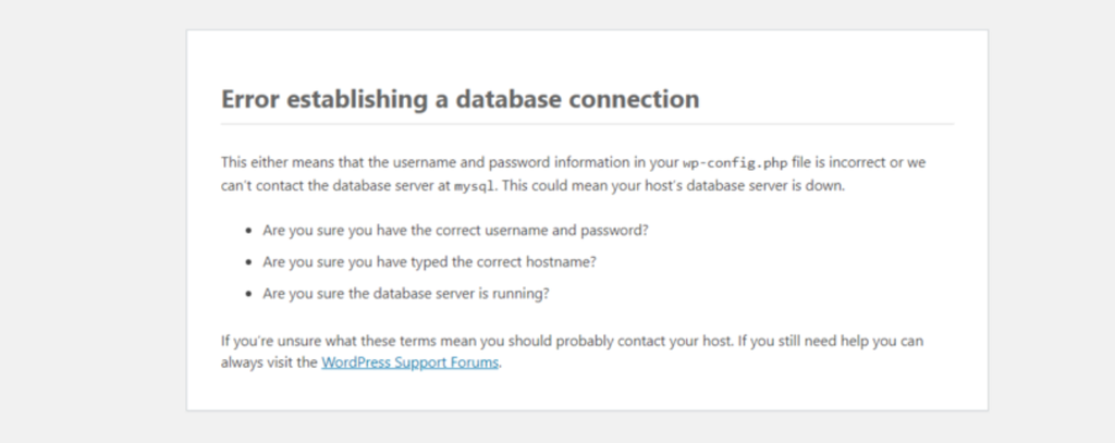 tampilan penyebab error establishing database connection di wordpress