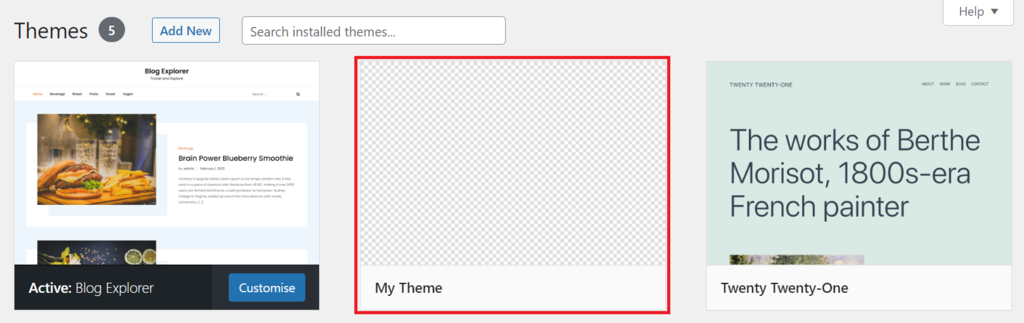 tema kosong yang sudah dibuat di menu tema wordpress