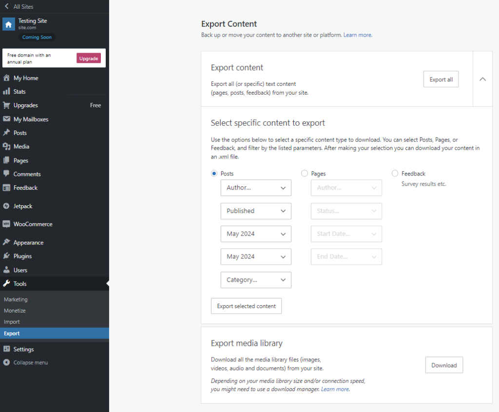 Bagian Export Content di panel WordPress.com