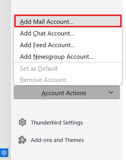 tampilan pengaturan akun thunderbird dengan opsi add mail account yang dipilih