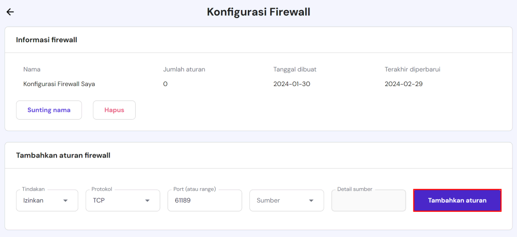 tampilan bagian firewall di VPS hpanel untuk menambahkan aturan firewall baru