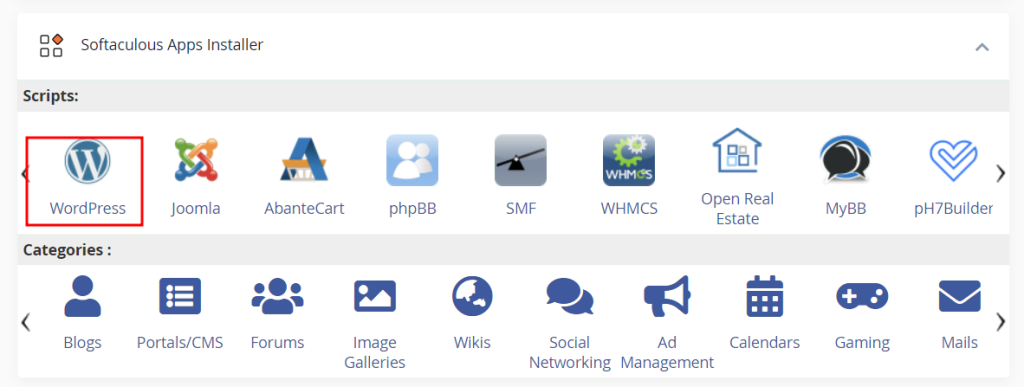 Bagian Softaculous Apps Installer di cPanel dengan ikon WordPress yang dipilih