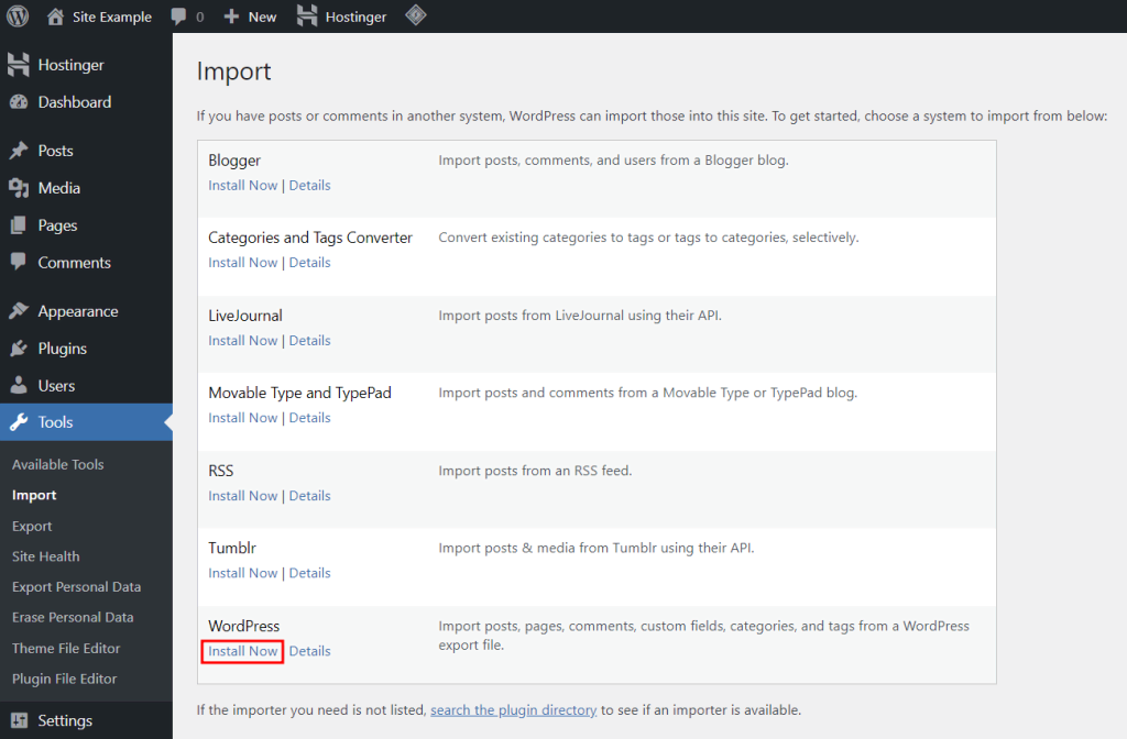 Bagian Import di panel admin WordPress dengan opsi untuk menginstal pengimpor WordPress yang dipilih