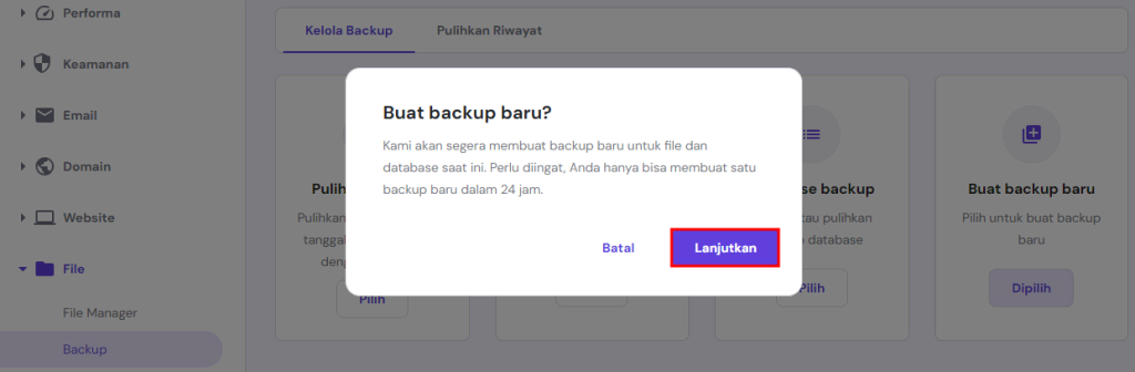 Pop-up Buat backup baru di hPanel dengan tombol Lanjutkan yang disorot