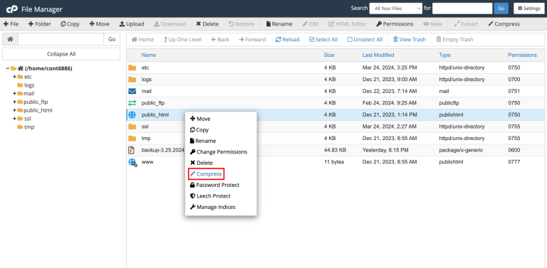 memilih fitur compress di file manager cpanel untuk mendownload folder public_html