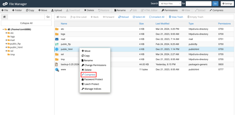 memilih fitur compress di file manager cpanel untuk mendownload folder public_html