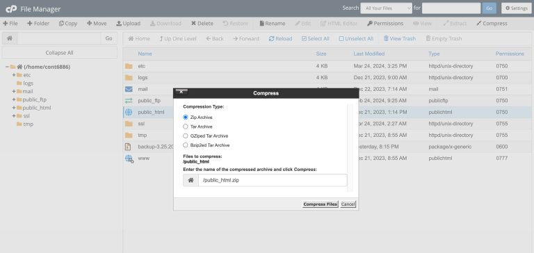 menentukan compression type di cpanel untuk mendownload file