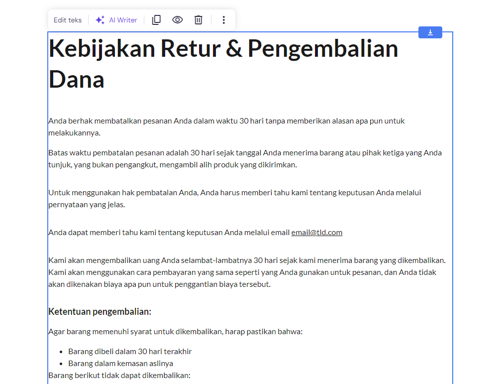 contoh konten kebijakan retur dan pengembalian dana di website builder hostinger