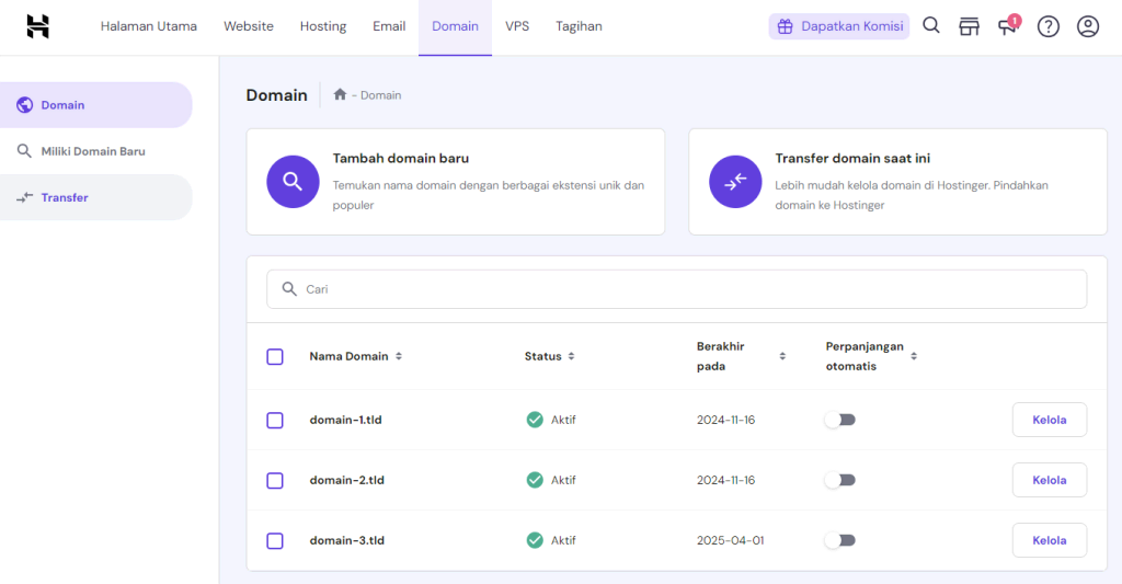 daftar semua domain yang dimiliki di hpanel