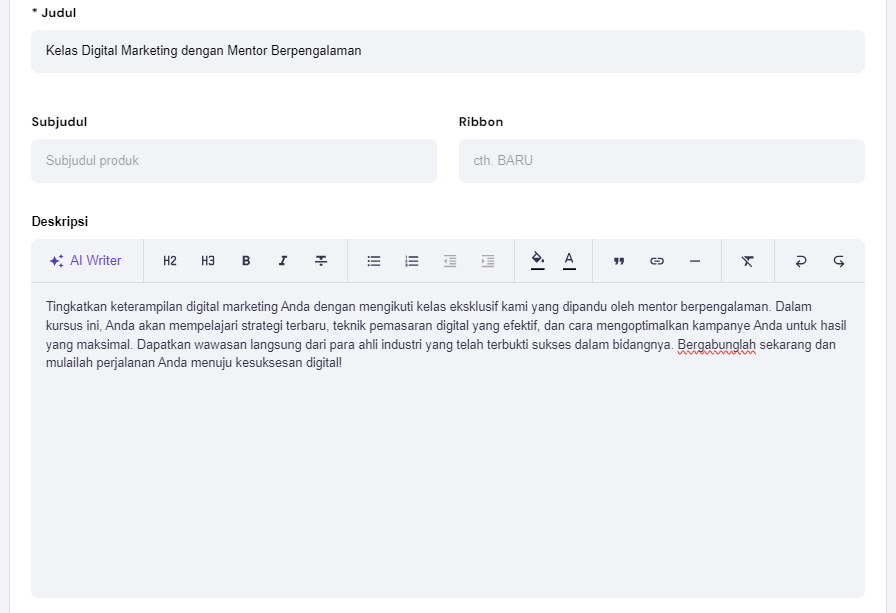 contoh judul dan deskripsi produk reservasi yang dibuat di hostinger website builder