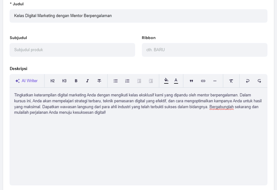 contoh judul dan deskripsi produk reservasi yang dibuat di hostinger website builder