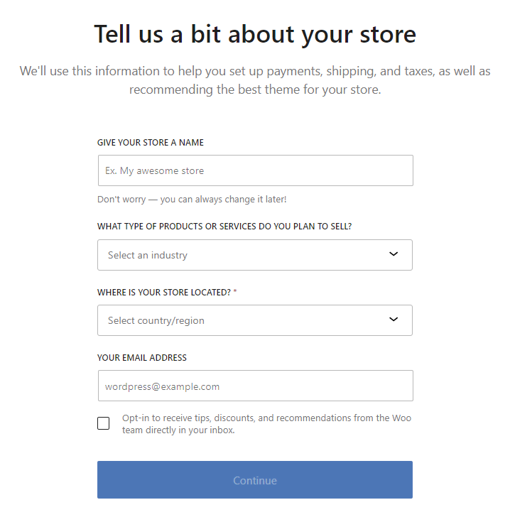 Bagian setup WooCommerce untuk memasukkan informasi bisnis