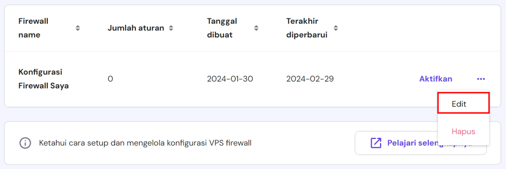 tampilan bagian firewall di hpanel dengan tombol edit yang dipilih