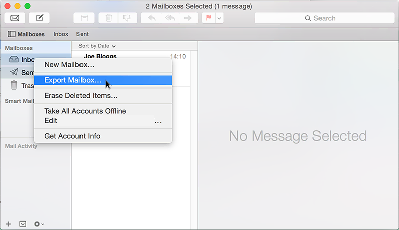 tampilan menu mail di mac dengan opsi export mailbox yang dipilih