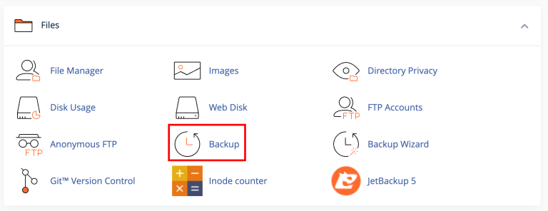 memilih fitur backup di cpanel untuk mencadangkan file website