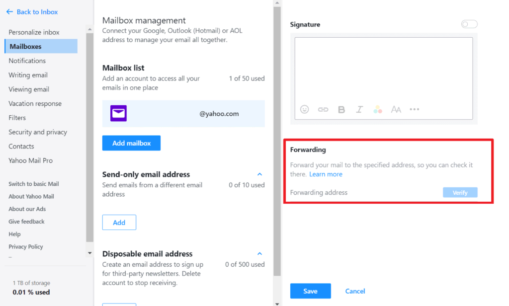 tampilan pengaturan mailbox di yahoo dengan opsi forwarding yang dipilih