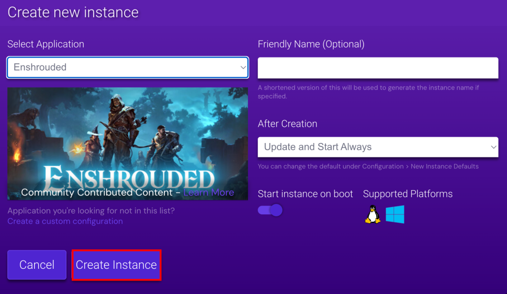 memilih create instance di game panel untuk membuat server enshrouded