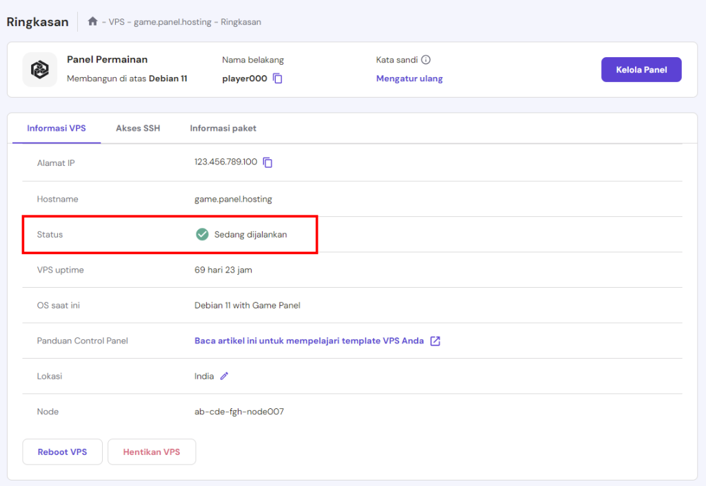 tampilan bagian vps di hpanel menunjukkan status vps sedang dijalankan
