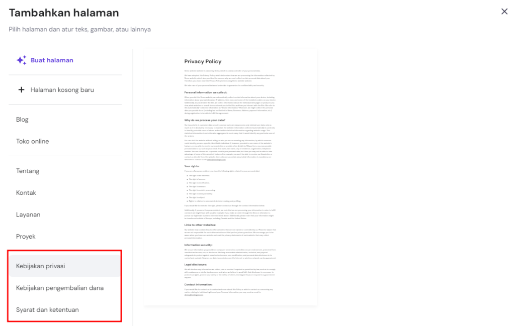 template halaman hukum di website builder hostinger untuk membuat halaman kebijakan privasi, pengembalian dana, serta syarat dan ketentuan