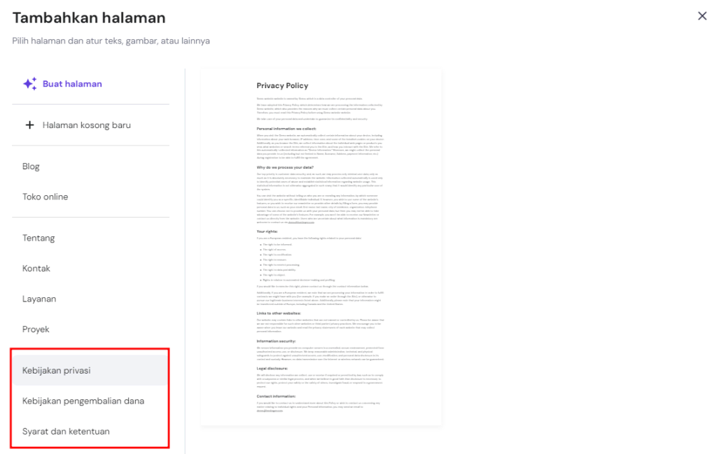 template halaman hukum di website builder hostinger untuk membuat halaman kebijakan privasi, pengembalian dana, serta syarat dan ketentuan