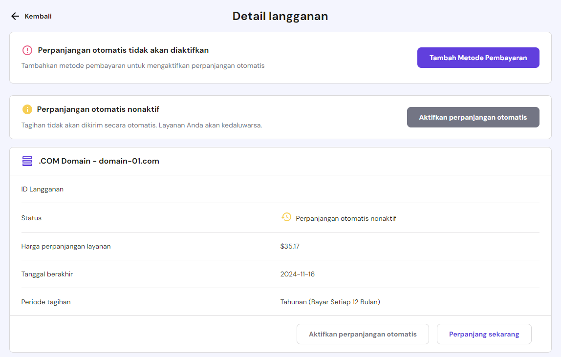 halaman di hpanel untuk mengaktifkan perpanjangan otomatis domain