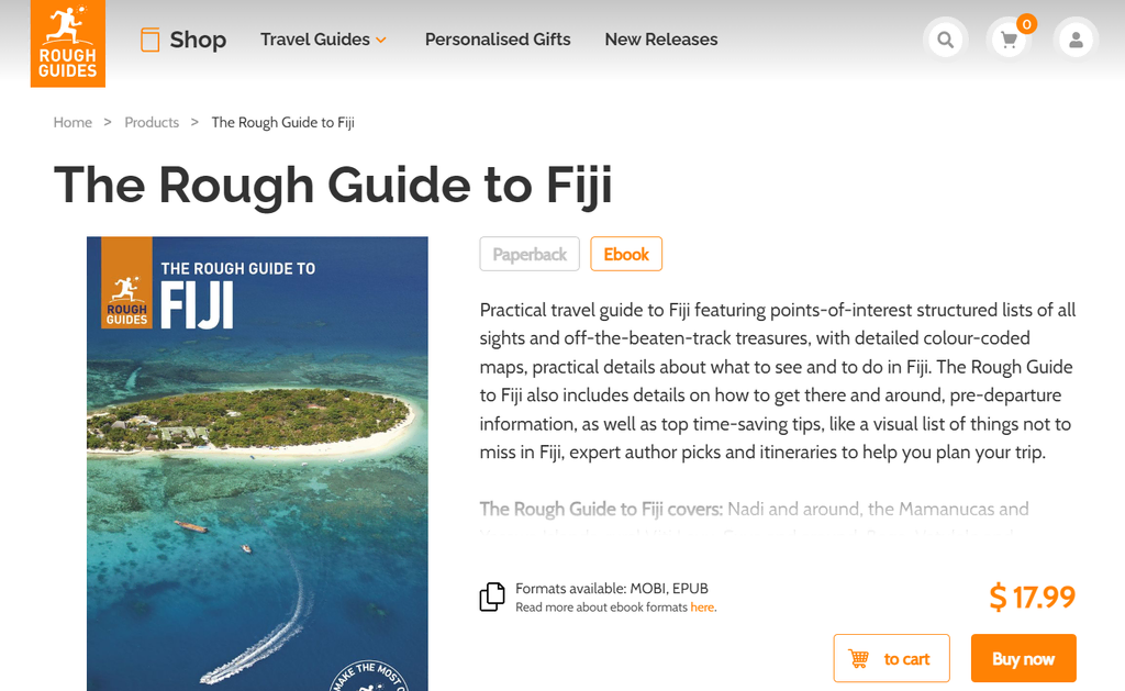 Halaman produk eBook Rough Guides menampilkan perjalanan ke Fiji