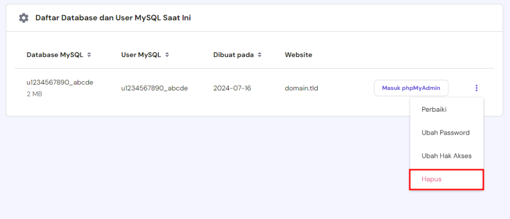 tampilan daftar database mysql di hpanel dengan menu hapus yang disorot