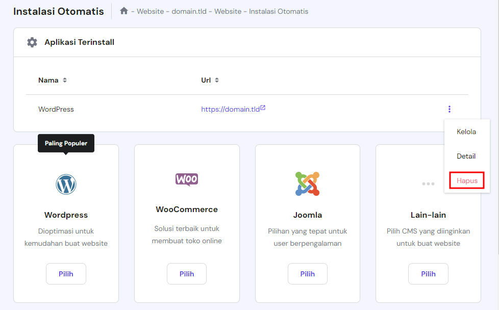 memilih hapus pada instalan wordpress di hpanel untuk menghapus website di wordpress