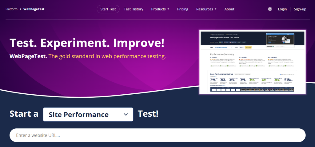 homepage WebPageTest tool online untuk cek kecepatan website