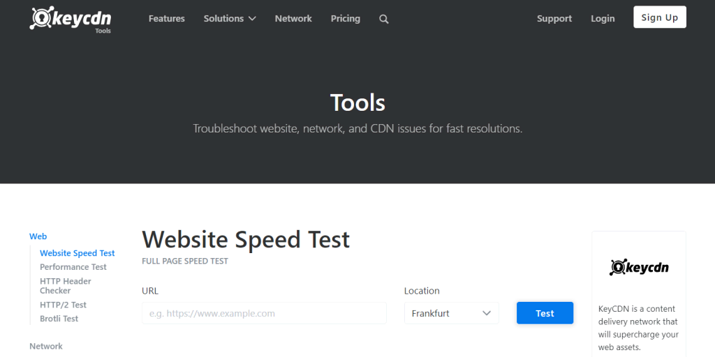 homepage keycdn, tool untuk menguji kecepatan loading website