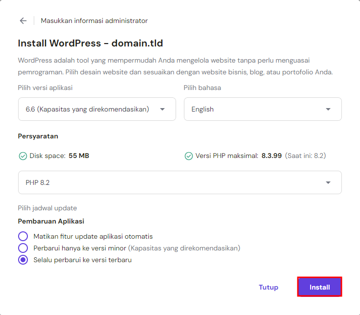 tampilan instalasi otomatis wordpress di hpanel untuk memilih versi wordpress, bahasa, dan php