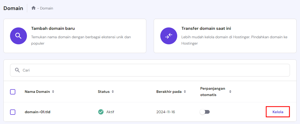 memilih kelola di samping nama domain untuk memperpanjang domain