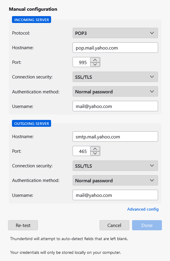 tampilan menu konfigurasi manual di thunderbird untuk mengatur yahoo mail