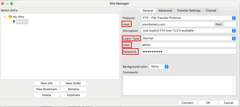 mengisi kredensial di filezilla untuk membuat koneksi ke website