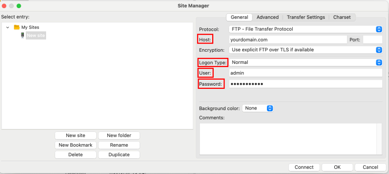 mengisi kredensial di filezilla untuk membuat koneksi ke website