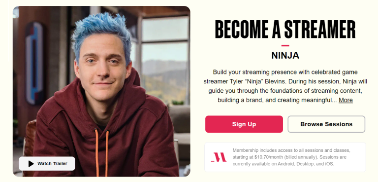 homepage ninja masterclass yang mengiklankan kursus streaming untuk menghasilkan uang