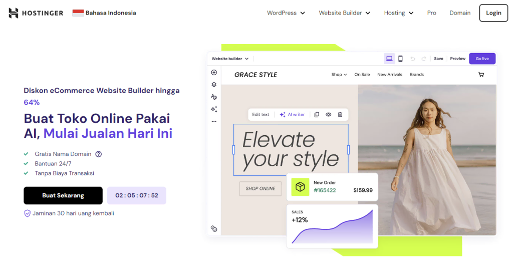 landing page website toko online hostinger dengan ai website builder