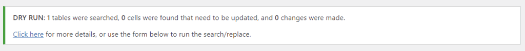 Hasil laporan dry run plugin Better Search Replace di dashboard WordPress