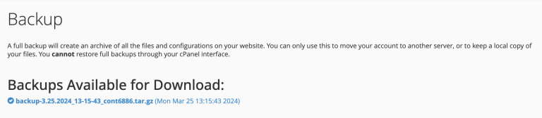 link yang disediakan cpanel untuk mendownload file backup terbaru
