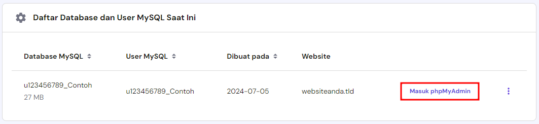 memilih masuk phpmyadmin dari halaman pengelolaan database di hpanel