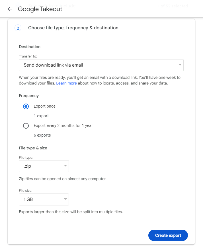 tampilan google takeout untuk memilih frekuensi, jenis file, dan ukuran file ekspor email