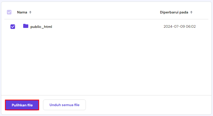 memilih tombol pulihkan file di hpanel untuk memulihkan backup website dari folder public_html