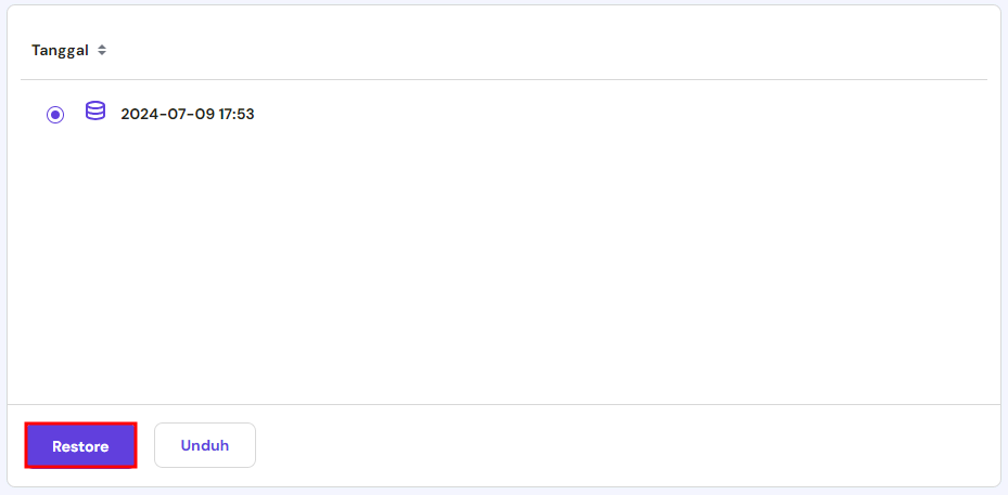 memilih restore di hpanel untuk memulihkan backup database